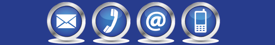 Four circles lined up in a row. The circles contain a picture of a letter, phone, an at symbol and cellphone.