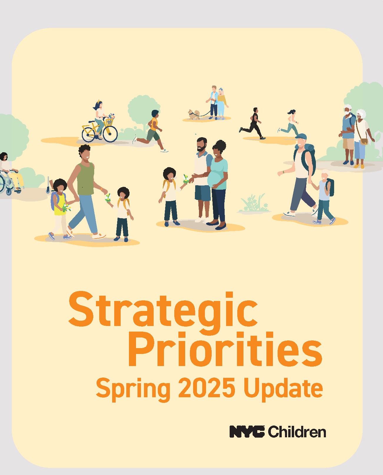 Cover image of the Strategic Priorities PDF featuring an illustration of adults and children walking, bicycling, and enjoying the outdoors.