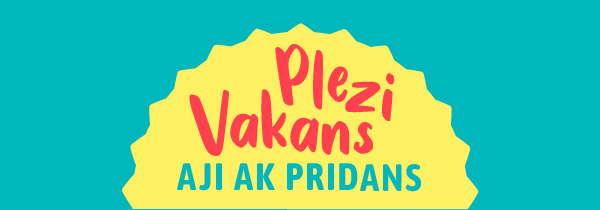 Blue background with a yellow sun in the middle with text reading: Summer fun, play it safe in Haitian Creole