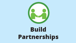 Blue background with an animation of people shaking hands. Text reads: Build Partnerships