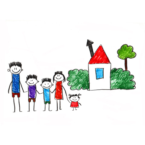 Drawing of a family of five with a house next to them