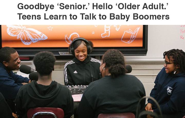 A group of students with headphones and microphones huddled in a discon Citywide