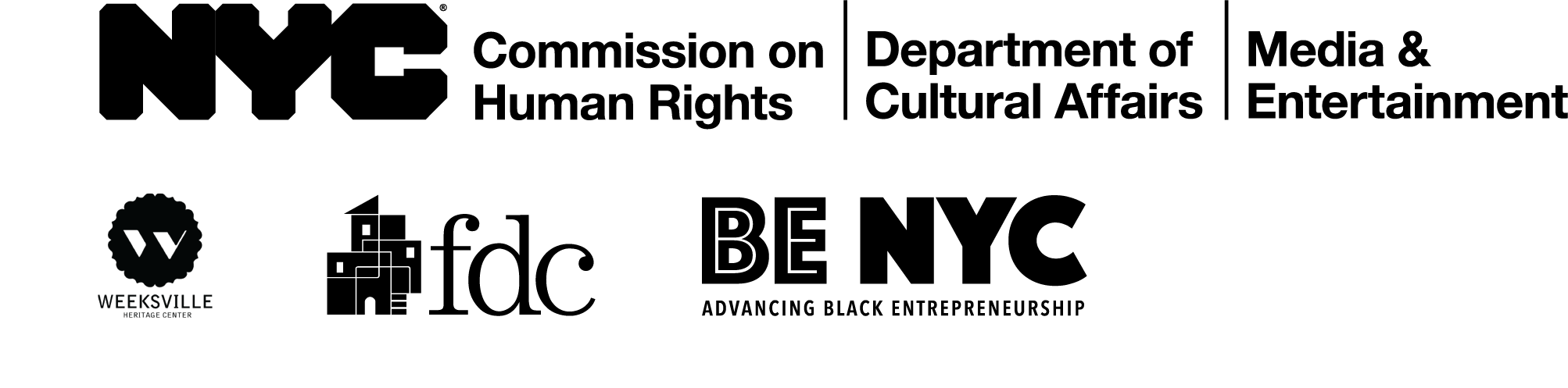 Logos for NYC Commission on Human Rights, Department of Cultural Affairs, Small Business Services, Weeksville Heritage Center, and BE NYC Advancing Black Enterpreneurship