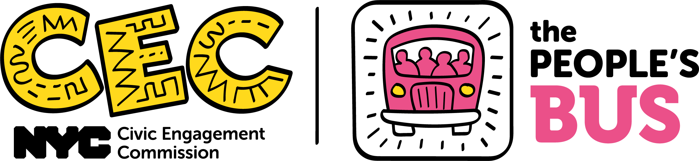 CEC logo and a illustraion of the bus loaded with poeple in a a square and text on right reads The People's Bus