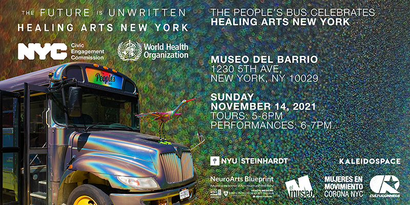 A banner of colorful bus with the label People's Bus ontop