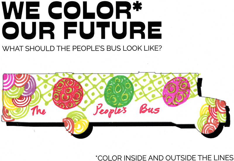 Pink, red, and green patterns colored in template of the people's bus as imagined by Sarah Sayeed