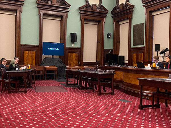 CEC Chair & Executive Director Dr. Sarah seated, testifying at the court room