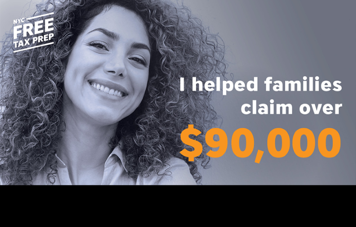 Woman smiles next to text: 