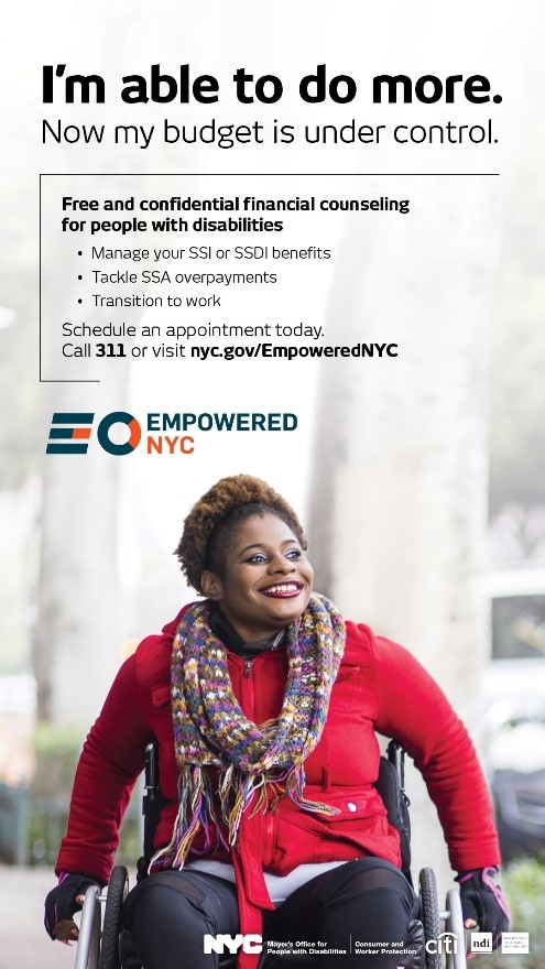 Ad of woman in wheelchair with text I'm able to do more. Now my budget is under control