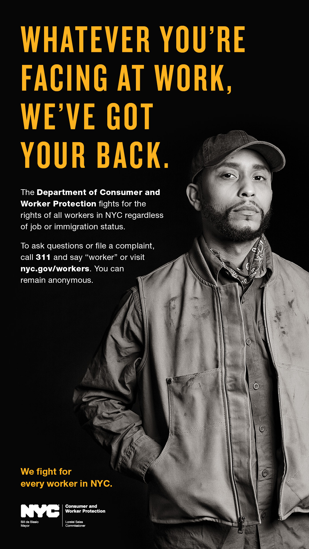 English version of workers' rights campaign ad featuring a day laborer