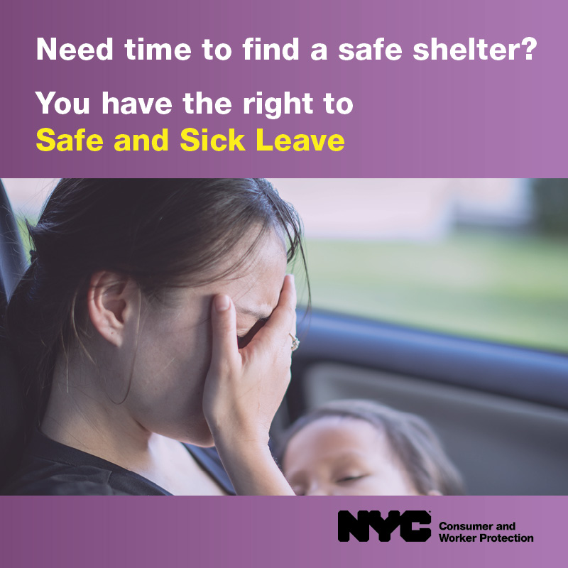 Safe Leave campaign ad asking, Need time to find a safe shelter? You have the right to Safe and Sick Leave