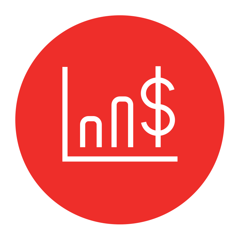 a red circle icon with an illustrated bar graph