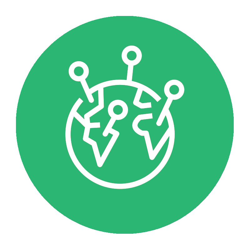 a green circle icon with an line art of earth with multiple route pins on it