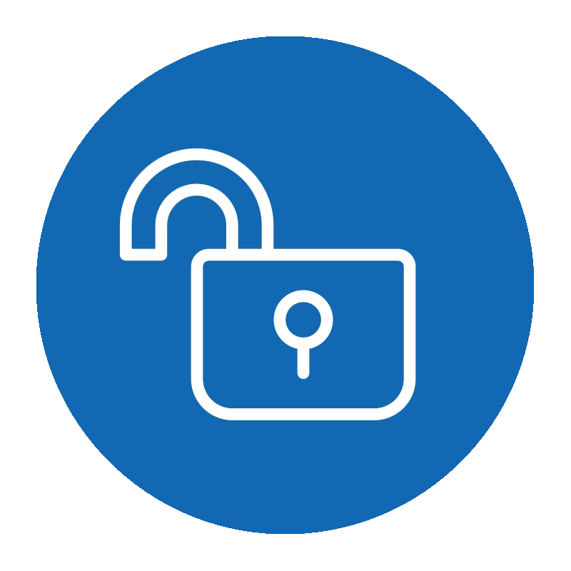 a blue circle icon with an line art of a open pad lock