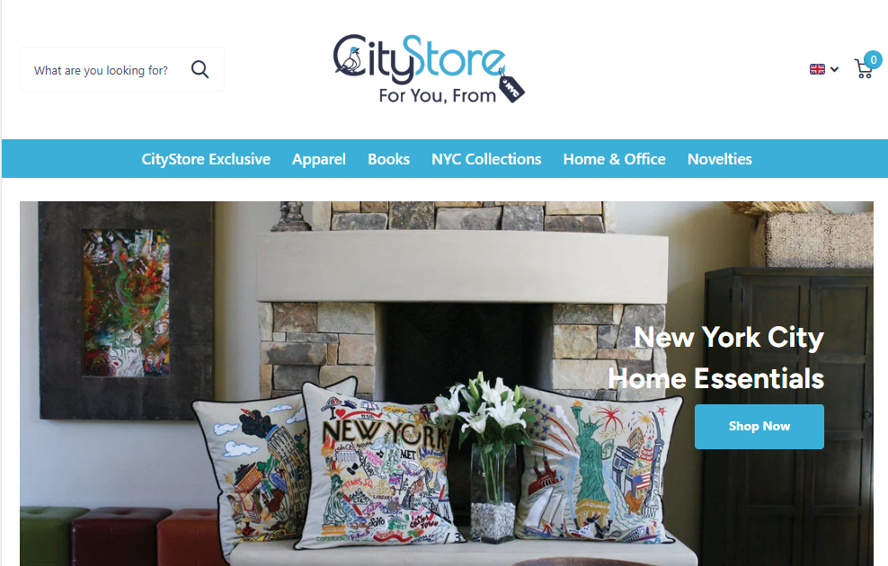 CityStore A screen shot of the Welcome screen for the CityStore and includes the entire the site button and an image that includes the Made in NY t-shirt and a book of the same name