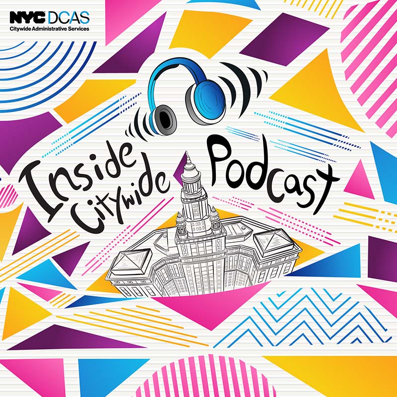 Inside Citywide Podcast A decorative cartoon graphic showing the tower of the Manhattan Municipal Building.