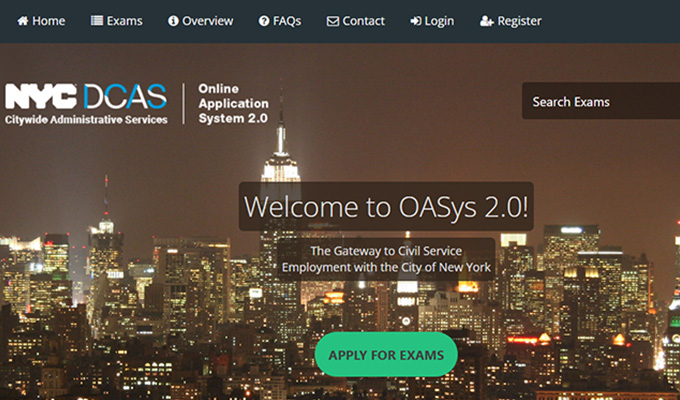 Screenshot of the home page of OASys the gateway to civil service, picture has NYC cityscape in the background.