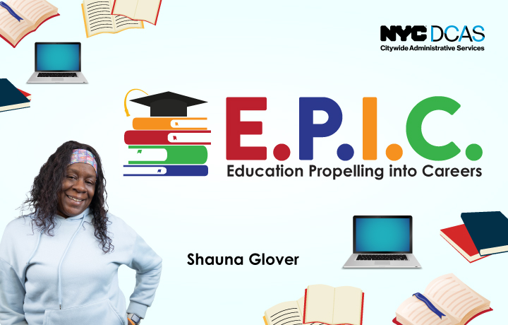 The Education Propelling into Careers (E.P.I.C.) at Metropolitan College (MCNY) logo and photo of Shauna Glover.
                                           