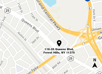 Map shows in red the location of 118-35 Queens Boulevard in Queens and a small area of the surrounding streets Map shows in red the location of 118-35 Queens Boulevard in Queens and a small area of the surrounding streets