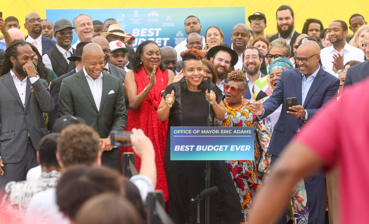 Mayor Adams, Commissioner Cumbo, and cultural leaders celebrate budget at rally.
                                           