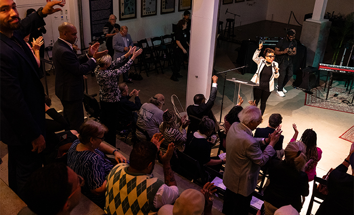 Photo of Laurie Cumbo speaking to an audience at BRIC.
                                           