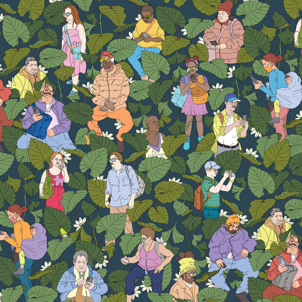 Digital illustration by Ebony Bolt of a diverse group of New Yorkers sitting in and moving through foliage.