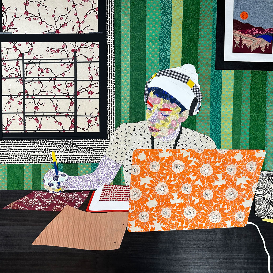 Collage by Lauren Camara of a young person sitting at a desk doing homework made up of colorful pattered paper.