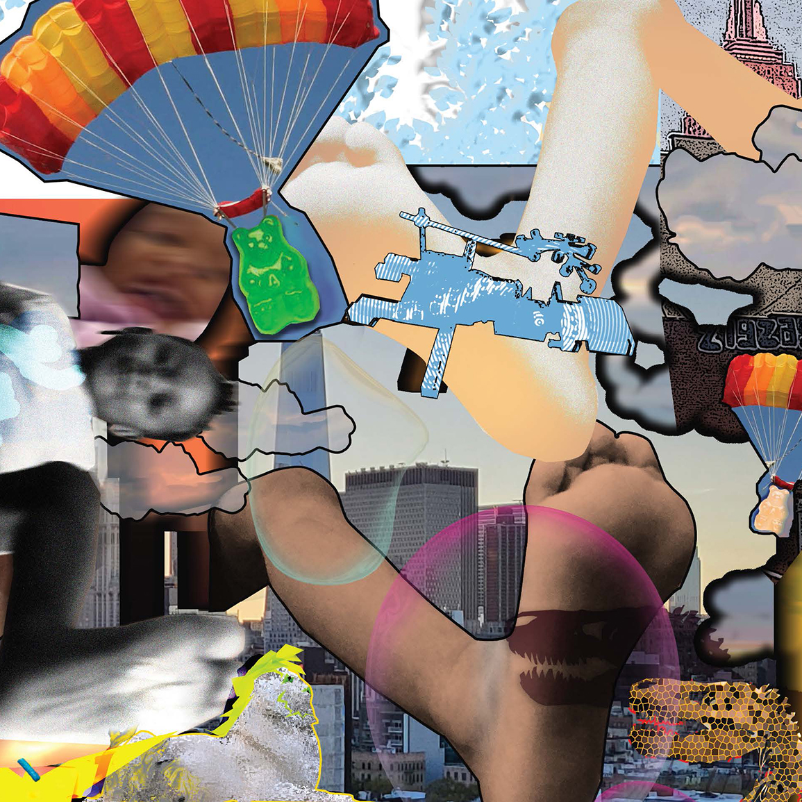 Digital collage by Denae Howard of a fantastical New York City skyline with children, toys, and gummy bears flying over it.