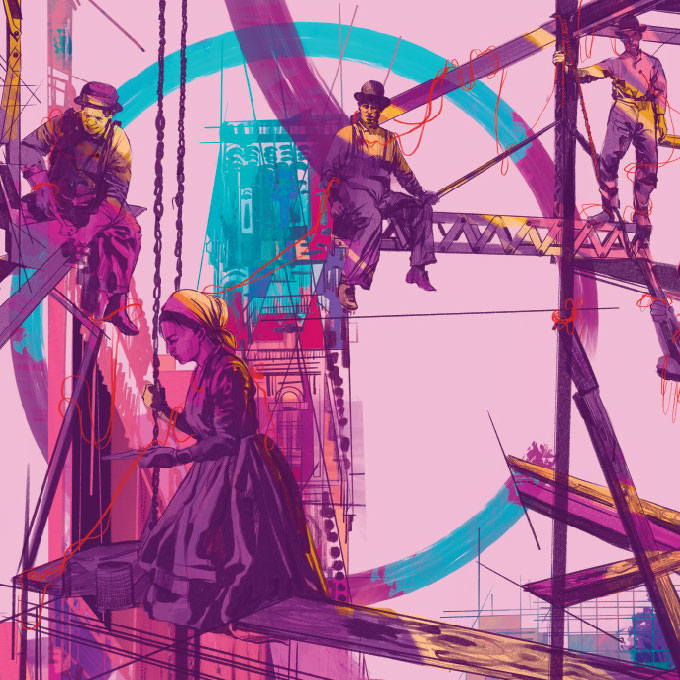 Digital illustration by Venazir Martinez of construction workers and social activists posing amidst scaffolding.
