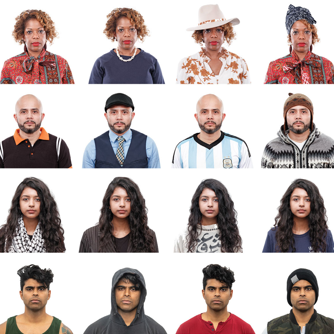 Photographic portraits by Bayeté Ross Smith organized in a grid depicting the same subjects dressed in different outfits.