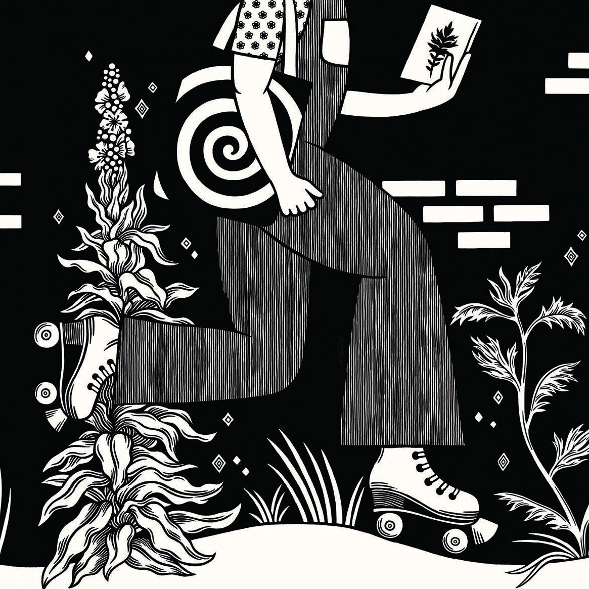 Black and white ink drawing Nikki Scioscia of a figure in roller-skates holding a book and surrounded by medicinal plants.