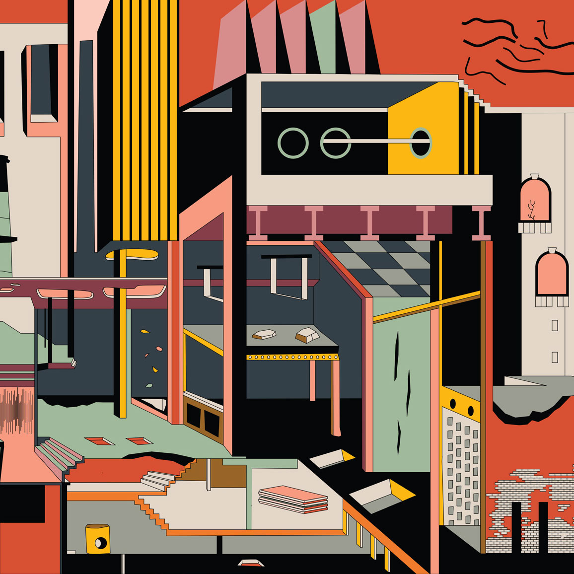 Digital illustration by Zaza Swistel depicting a colorful, surreal architectural landscape where interiors and exteriors is blurred.