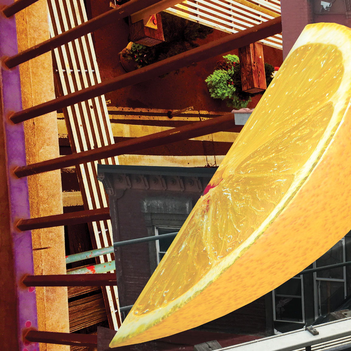 Digital Collage by Annette Weintraub of an above-ground subway track and a 3D model of a lemon slice.