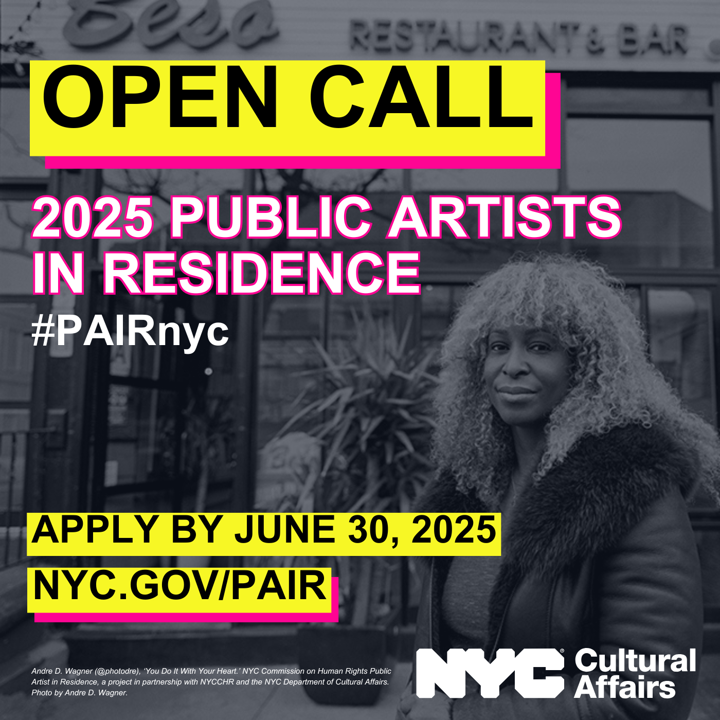 A graphic for the PAIR open call with a photo of a smiling restaurant owner.