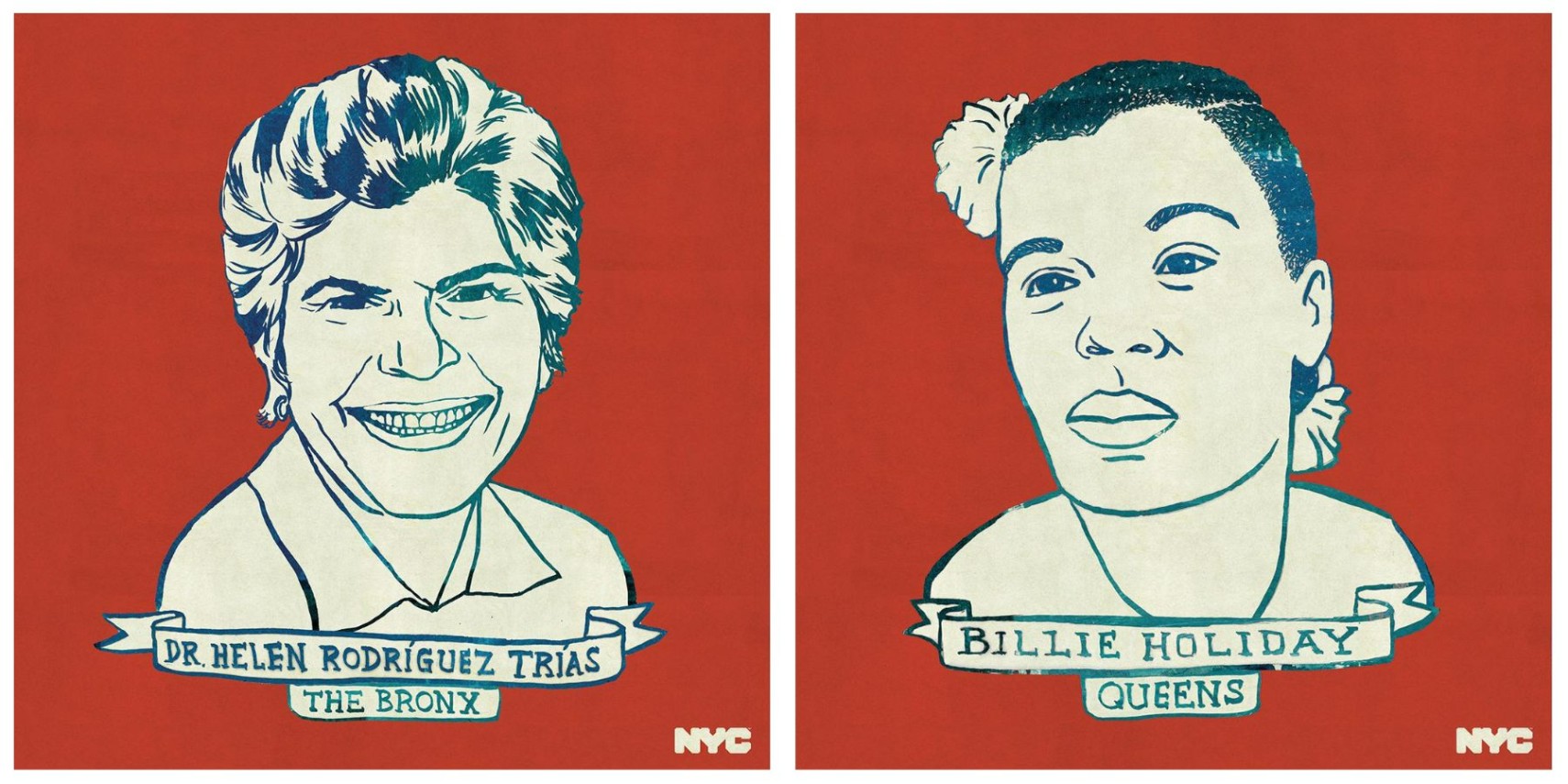 a red and white illustrated graphic of Billie Holiday and Dr. Helen Rodriguez Trias