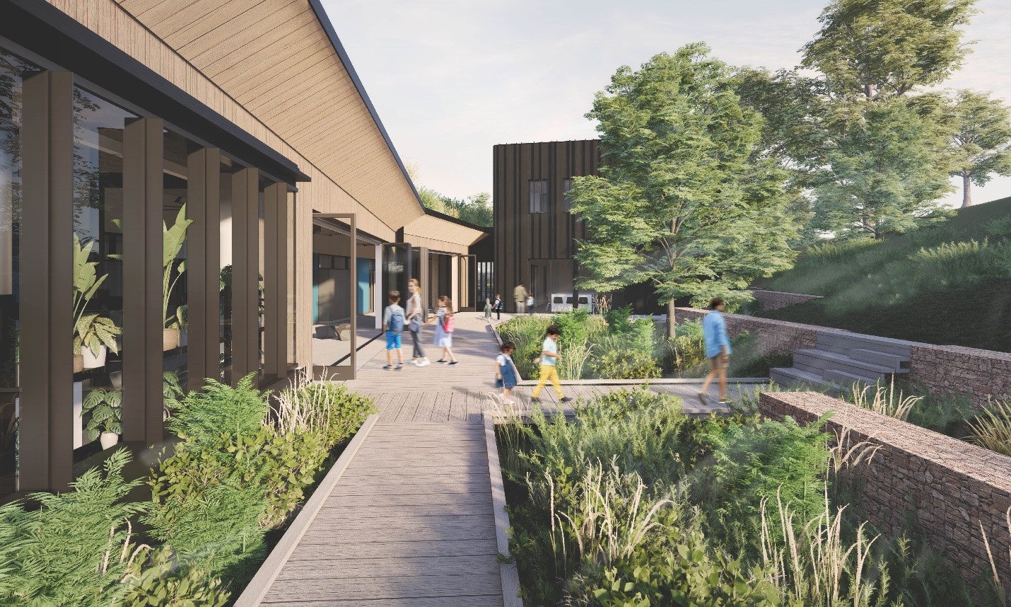 A rendering of the rear deck of the education building with outdoor walkways.