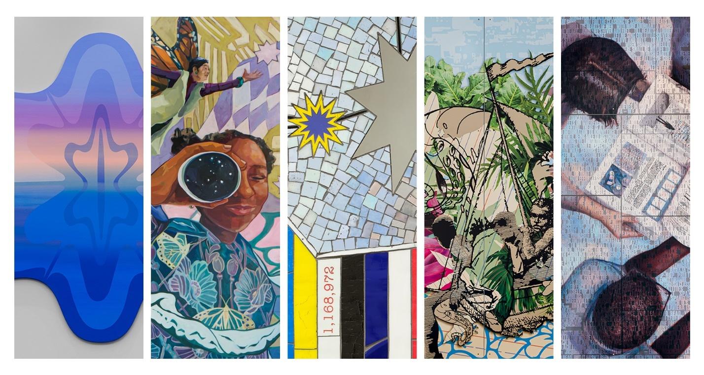 An image divided into five parts each highlighting new public art.