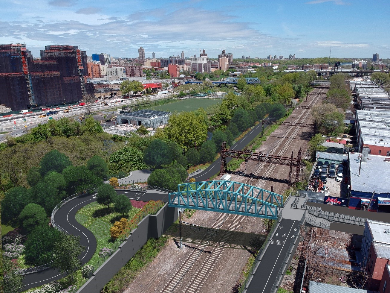 An artistic rendering of the new section of Starlight Park to the left and the new pedestrian bridge over adjacent rail lines