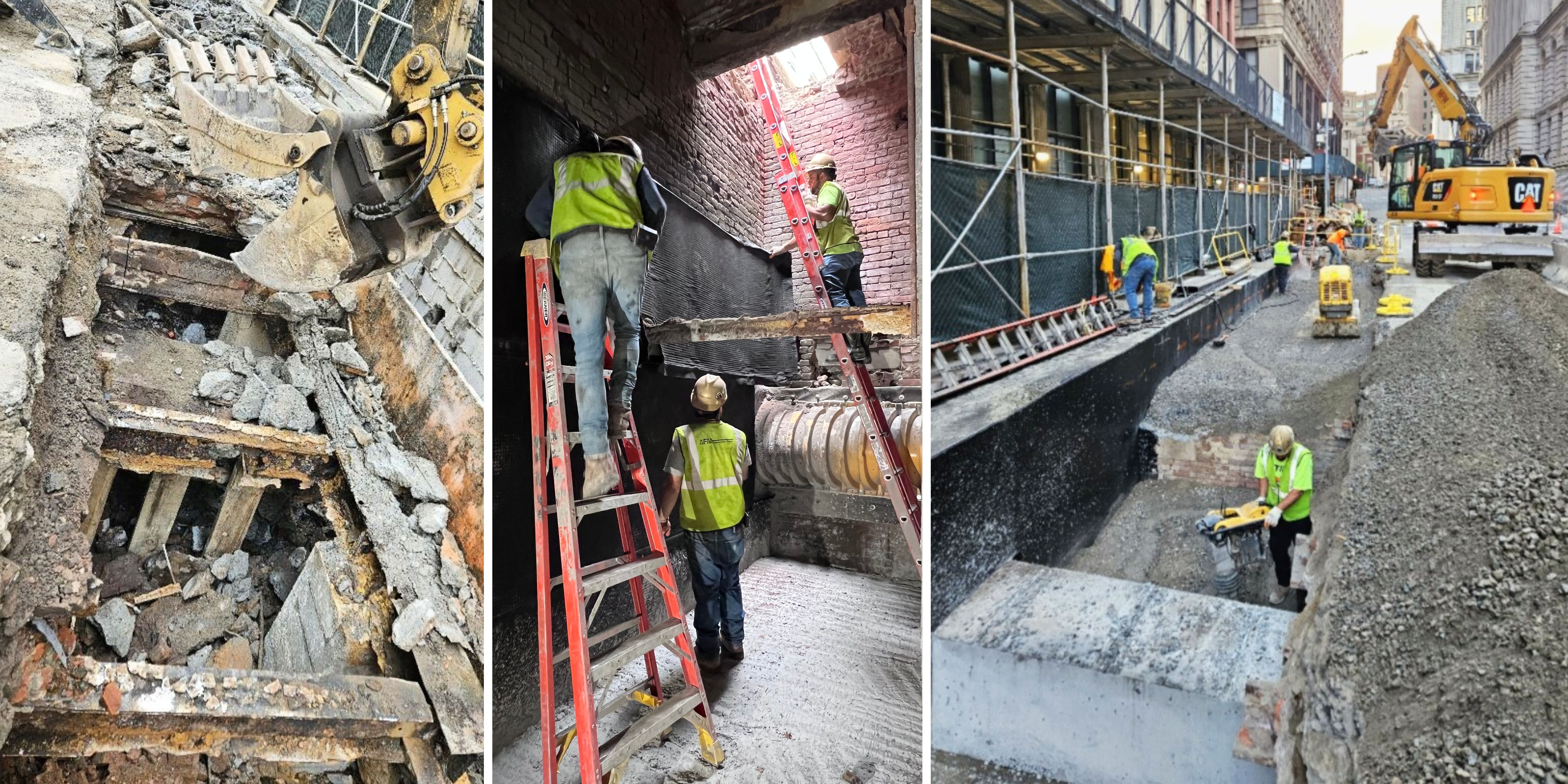 three different photos of construction work at the project site