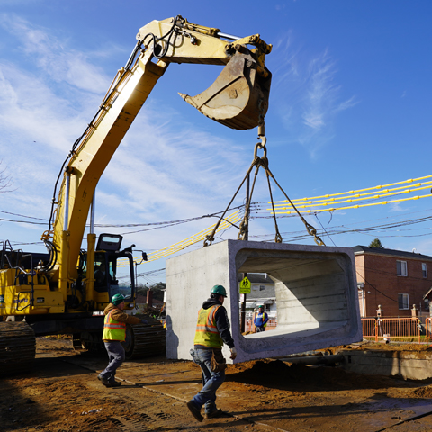 A construction site with large pipes