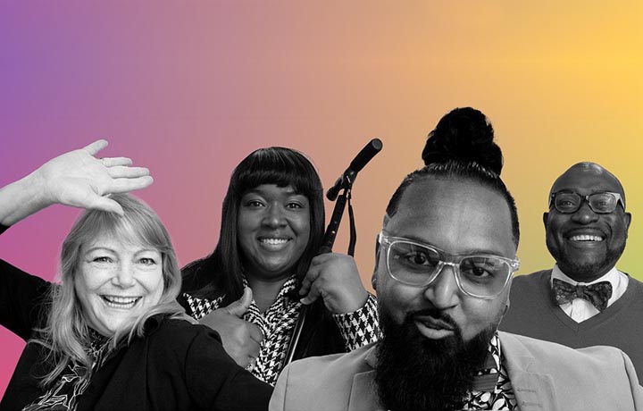 Four DSS employees smiling a posing for the camera on a multicolored background