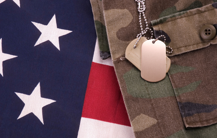 An army uniform laying on top of the American flag