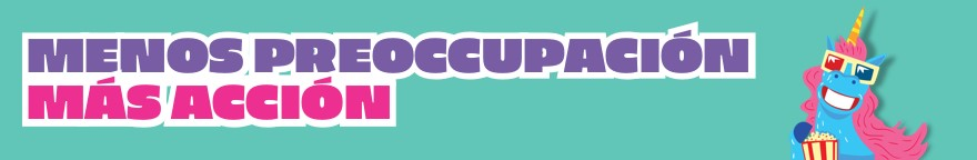 Un unicornio sonriendo, con gafas 3-D, come palomitas. Texto en pantalla: menos preocupación, más acción.