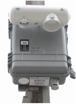 A close-up picture of an air survey monitor, which is a small gray box.