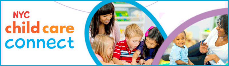 A group of children are playing with two teachers. The text reads: NYC Child Care Connect