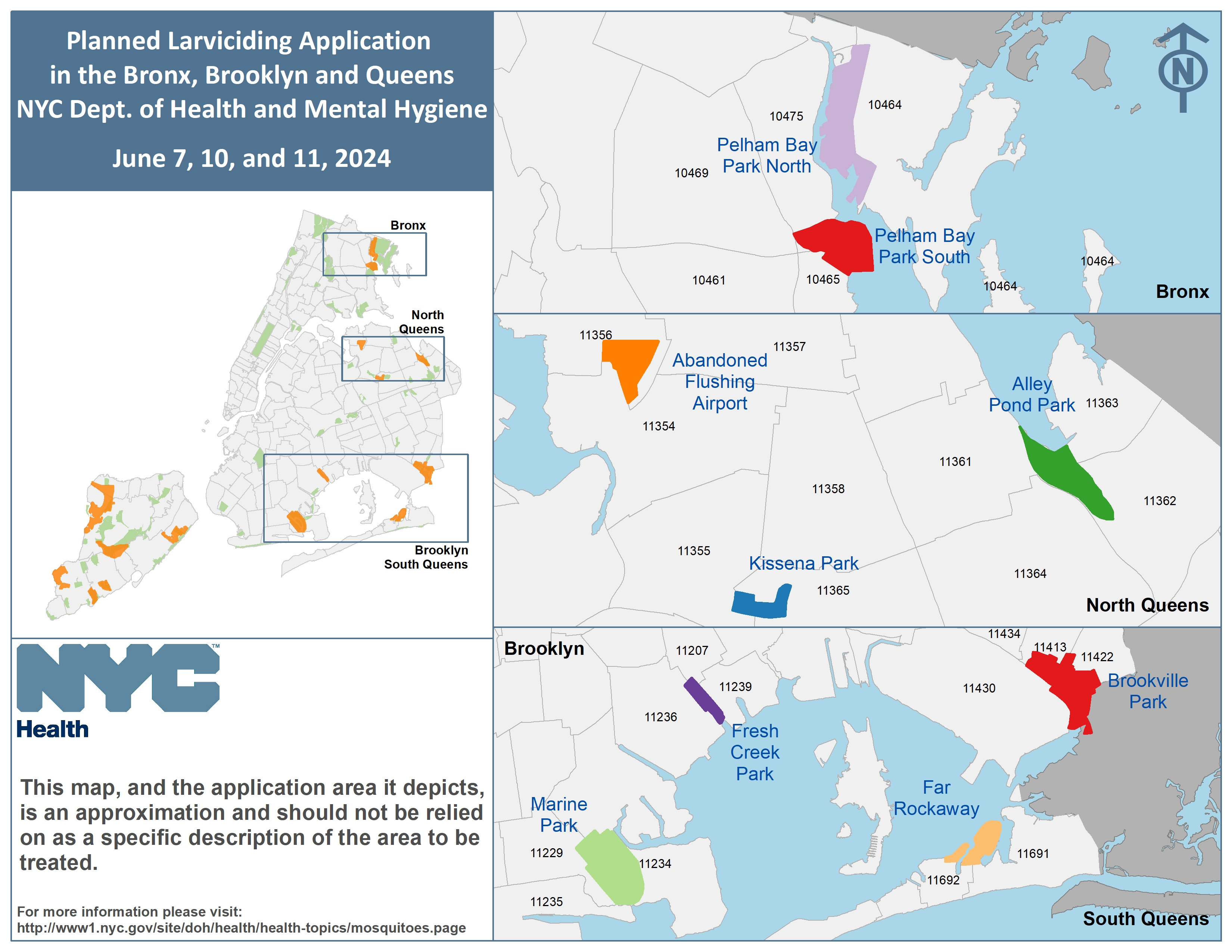 Map of aerial larviciding areas in Bronx, Brooklyn and Queens for June 7, 10 and 11 event.