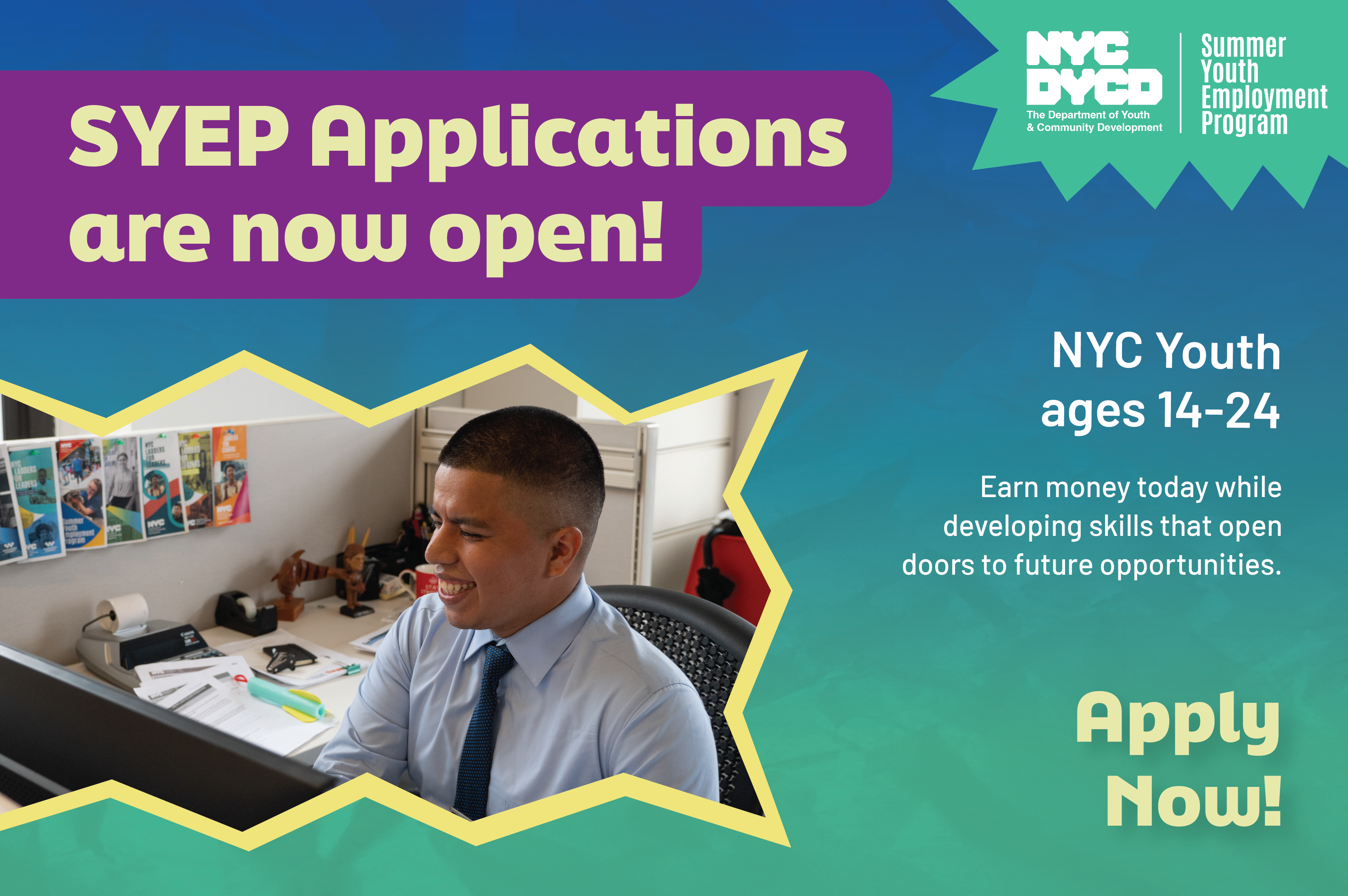 SYEP logo featuring a Summer Youth Employment with participant in photo