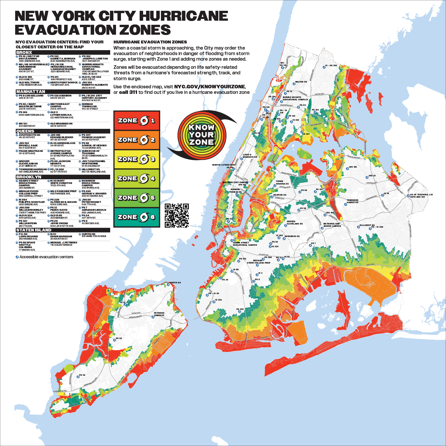 A Map of New York City featuring the six hurricane evacuation zones and evacuation centers.