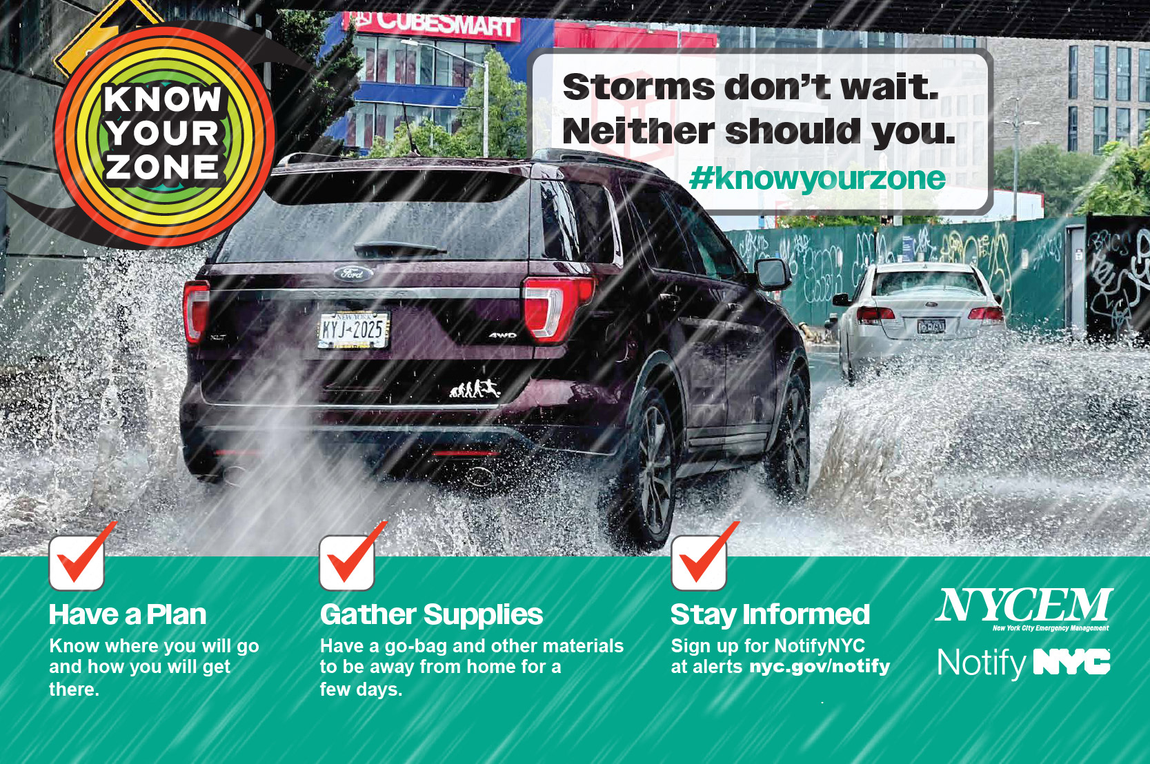 An image of a waterfront park in NYC flooding, with tips on how to stay safe during a coastal storm. 
                                           