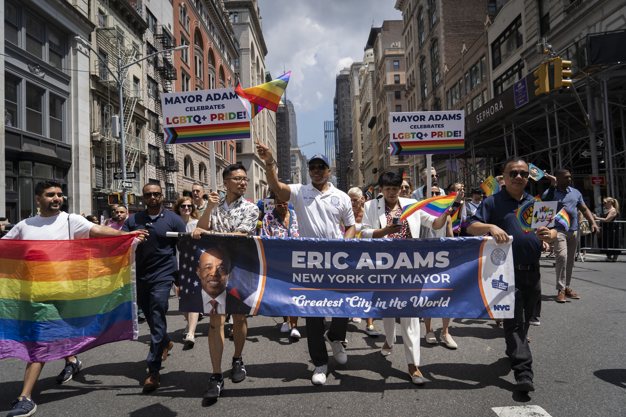 New York City Mayor Eric Adams Marches alongside Midtown pride Attendees.